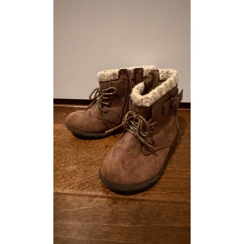 Toddler Girls Brown Faux Suede Ankle Boots with Knit Trim Garanimals Size 6
